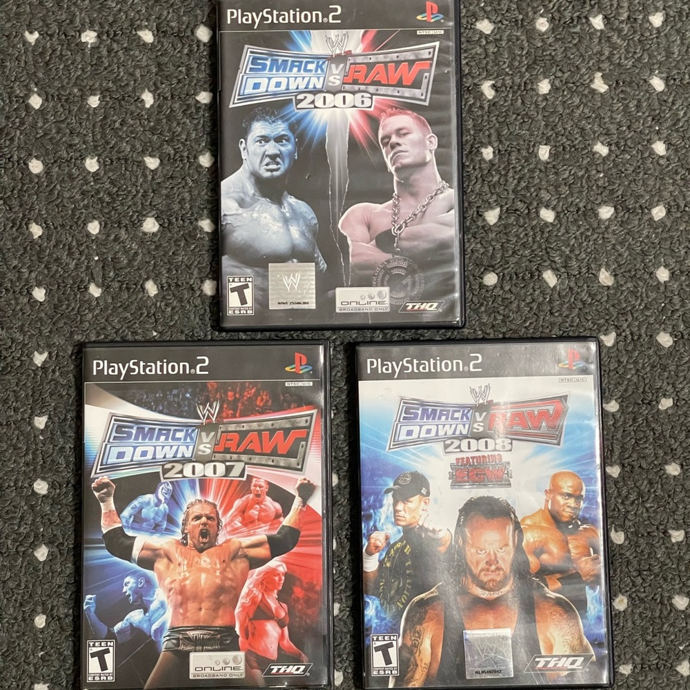 WWF PS2 VIDEO GAME LOT OF 3 SMACK DOWN VS RAW 2006/2007/2008 FEATURING ECW WWE